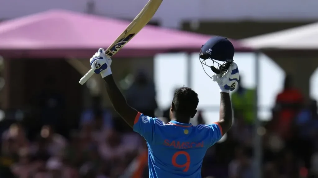 Sanju Samson biography: Samson celebrates an ODI century for India.