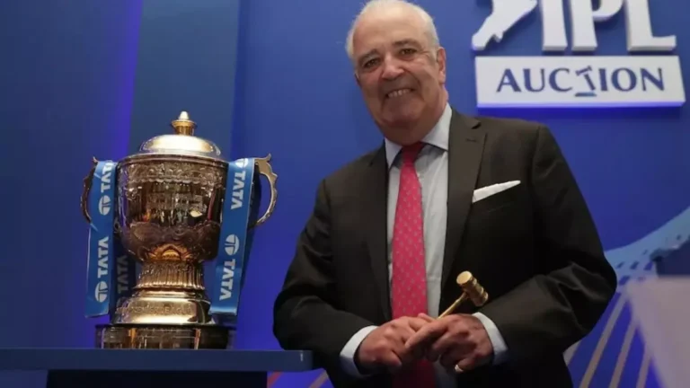 IPL 2027 auction date: auctioneer Hugh Edmeades with the IPL trophy and gavel at the IPL auction