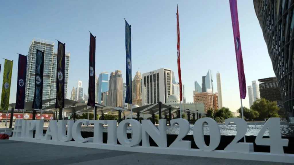 IPL 2027 auction date: IPL franchise flags line the Dubai waterfront at the IPL 2024 auction, the first overseas edition