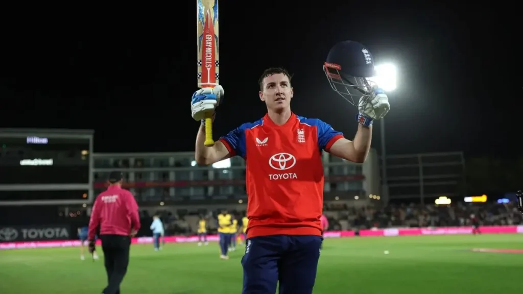 Harry Brook biography: Harry Brook walking off unbeaten at Southampton with his bat and helmet raised after a stunning 114 not out off 49 balls against Sri Lanka