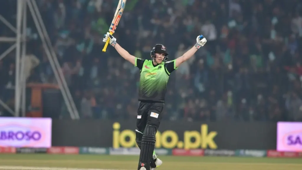 Harry Brook biography: Harry Brook celebrating in the green Lahore Qalandars kit after his 48-ball century against Islamabad United in the 2022 Pakistan Super League