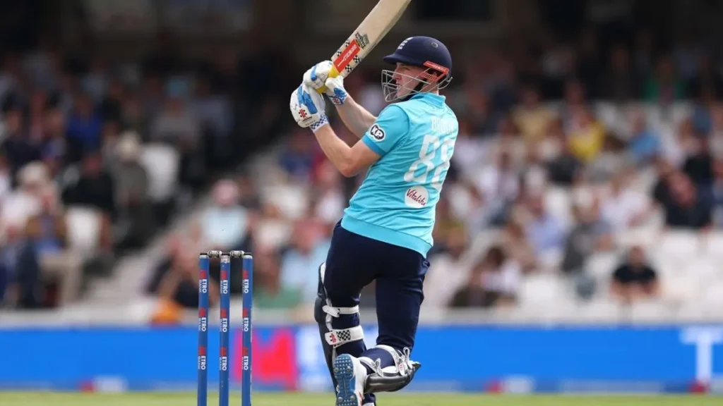 Harry Brook biography: Harry Brook playing a pull shot in the England blue ODI kit during the series against Sri Lanka at The Oval