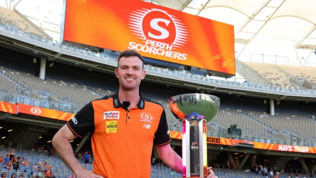 BBL 16: Perth Scorchers captain Ashton Turner poses with the Big Bash League trophy at Optus Stadium